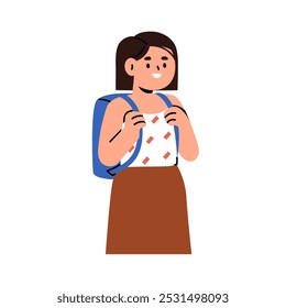 Happy school girl with backpack. Smiling kid student holding schoolbag straps. Cute child pupil standing with bag on back, ready to study, learn. Flat vector illustration isolated on white background