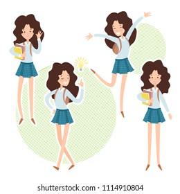 Happy school girl with a books in hand and backpak. Illustration of a cartoon character. Vector flat design set