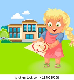 Happy school girl with C grade poster