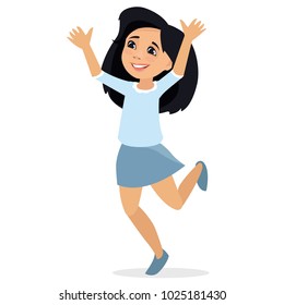 Happy school girl joyfully jumping and laughing isolated on white background. Concept of happiness, gladness and fun. Vector illustration for banner, poster, website, invitation.