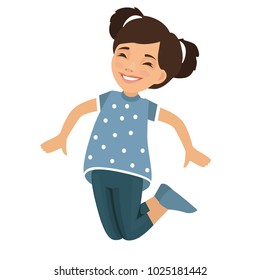 Happy school girl joyfully jumping and laughing isolated on white background. Concept of happiness, gladness and fun. Vector illustration for banner, poster, website, invitation.