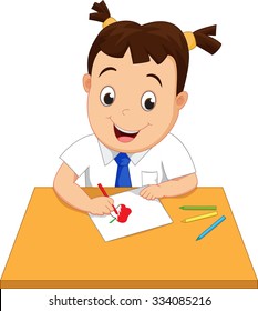happy school girl making a drawing on a paper