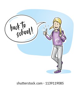 Happy school girl, showing thumb up, with speech bubble. Back to school concept. Hand drawn line art cartoon vector illustration