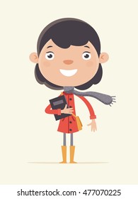 Happy School Girl Standing  Holding  Book and School Bag. Flat Design Style. 