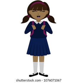Happy School Girl in Uniform Illustration - Happy school girl with brunette hair tied in pigtails and pink headband in navy school uniform holding onto backpack straps isolated on white background