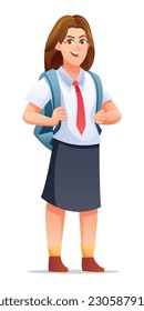 Happy school girl wearing uniform and backpack. Cartoon character illustration 