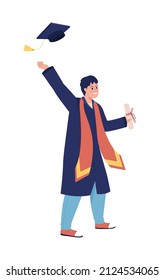 Happy school graduate semi flat color vector character. Standing figure. Full body person on white. Festive celebration simple cartoon style illustration for web graphic design and animation