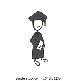 Feliz graduado en sombrero cuadrado con diploma. Ceremonia de graduación universitaria, exámenes finales, certificado de grado. Dibujado a mano. Caricatura de Stickman. Esbozo de dibujos animados, ilustración gráfica vectorial