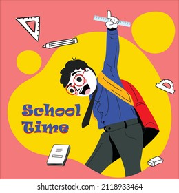 Happy school kid surrounded siwth school items. back to school concept
