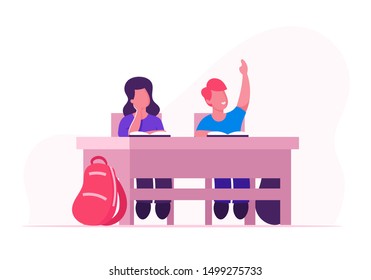 Happy School Kids Boy and Girl Sitting at Desk in Classroom Studying. Schoolboy Raising Hand to Answer Lesson in Class. Children Gaining Knowledges and Education. Cartoon Flat Vector Illustration