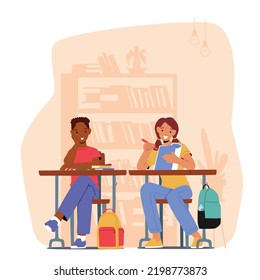 Happy School Kids Boy and Girl Sitting at Desk in Classroom Studying. Schoolboy and Schoolgirl Listening and Writing Lesson in Class. Children Knowledges and Education. Cartoon Vector Illustration