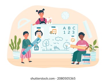 Happy school kids concept. Little boys and girls with pens and pencils stand next to blackboard, draw, solve examples and learn letters. Lesson for preschoolers. Cartoon flat vector illustration