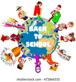 Happy school kids from different countries around the World globe. Back to school color set. Vector illustration, isolated on white.