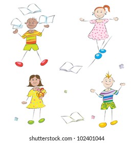 happy school kids doodles, boys and girls student profile characters