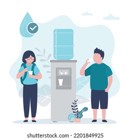 Happy school kids drinking clean bottled water, purifying liquid from cooler. Children drinking water at time break. Healthy lifestyle. Pure aqua from cooler. Tank with water. Flat vector illustration