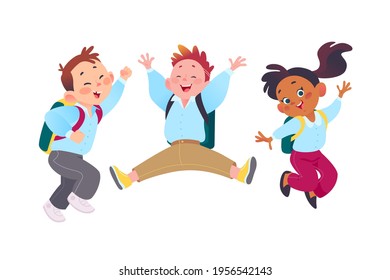 Happy school kids group with backpacks having fun together. Students characters in uniform smiling, jumping. Vector flat cartoon illustration. For ads, banners, packaging.