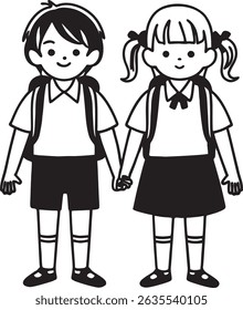 Happy School Kids Holding Hands Cute Cartoon Boy and Girl in Uniform with Backpacks Perfect for Education Kids and Back to School Themes