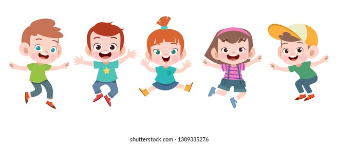 happy school kids jump vector illustration isolated