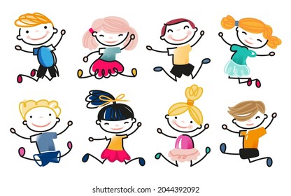 happy school kids jump vector illustration isolated