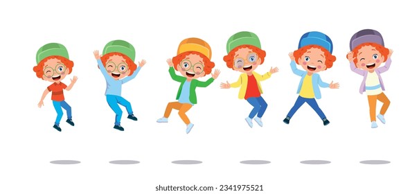 happy school kids jump vector illustration isolated