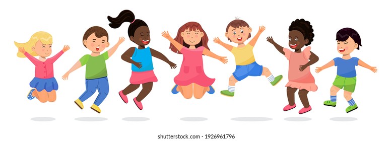 Happy school kids jumping. Cartoon children has fun, runs, jumps, plays. Boys and girls illustration vector isolated on white background. Diversity society, friendship, classmates are shown.