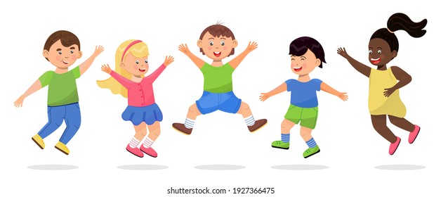 Niños de la escuela felices saltando. Los niños de dibujos animados se divierten, corren, saltan, juegan. Vector ilustrativo de niños y niñas aislado en el fondo blanco. Se muestra la diversidad, la amistad, los compañeros de clase.