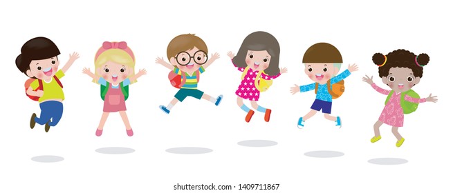 happy school kids jumping isolated on white background vector illustration