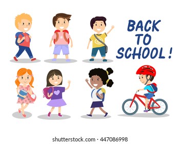 Happy school kids on white background, vector illustration