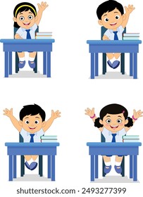 Happy School Kids, School Kids, Sitting, benches, uniform, books, joy, classroom kids Vector Illustration