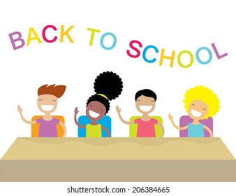 Happy school kids studying and raising their hands to answer. Vector illustration