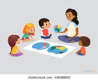 Happy school kids and teacher sit in circle around atlas and discuss geographical questions during lesson. Preschool activities concept. Vector illustration for poster, advertisement, website, banner.