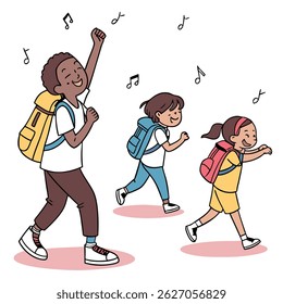 Happy School Kids Walking with Backpacks and Music Notes - Cartoon Vector
