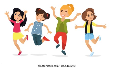 Happy school multiracial children joyfully jumping and laughing isolated on white background. Concept of happiness, gladness and fun. Vector illustration for banner, poster, website, invitation.