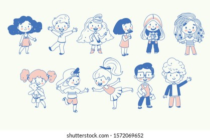 Happy school multiracial children joyfully jumping and laughing isolated on white background. Cartoon flat vector illustration in line style for banner, poster, website, invitation.