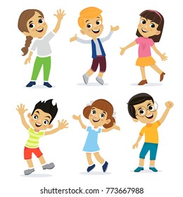 Happy School multiethnische Kinder glücklich springen und lachen einzeln auf weißem Hintergrund. Konzept von Glück, Freude und Spaß. Vektorgrafik für Banner, Poster, Website, Einladung.