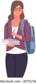 Happy school pupil or college student standing with books. Portrait of smiling woman in glasses with backpack. Diverse college, university female student, schoolgirl with notebooks studying