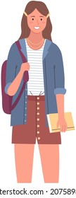 Happy school pupil or college student standing with books. Portrait of smiling woman with backpack. Diverse college, university female student, schoolgirl with notebooks studying