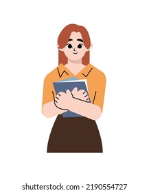 Happy school pupil or college student standing with book. Portrait of smiling woman waving with hand. Smart schoolgirl with textbook. Vector style design illustration isolated on white background