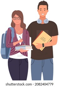 Happy school pupils or college students standing with books. Portrait of smiling people with backpacks. Diverse college, university students, schoolgirl and schoolboy with notebook and laptop studying