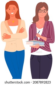Happy school pupils or college students standing with books. Portrait of smiling happy people. Diverse college, university students, schoolgirl and schoolboy with notebook and gadgets for studying