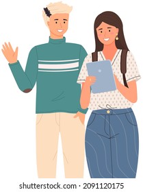 Happy school pupils or college students standing with books. Portrait of smiling happy people. Diverse college, university students, schoolgirl and schoolboy with notebook and gadgets for studying