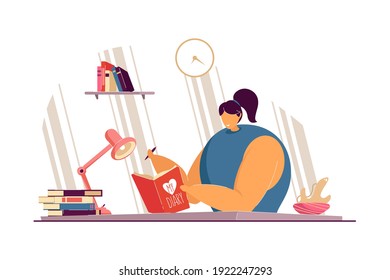 Happy School Student Teenage Girl Keeping Diary, Writing Thoughts And Life Events In Journal. Vector Illustration For Text Writing, Writer Skills, Teen Lifestyle Concept