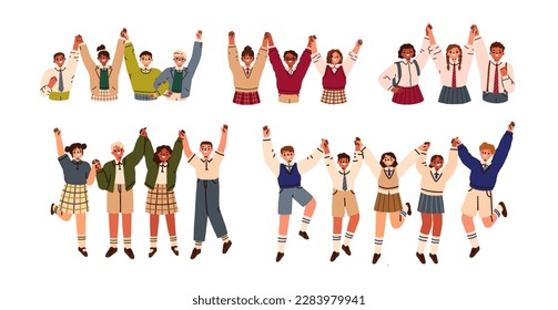 Felices estudiantes de colegio celebrando, saltando y tomándose de la mano juntos. Estudiantes adolescentes multiétnicos, niños y niñas uniformados. Ilustraciones gráficas planas vectoriales aisladas en fondo blanco