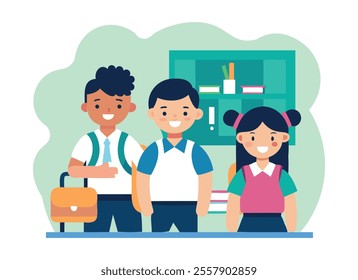 Happy School Students in Classroom - Vector Illustration for Educational Purposes	
