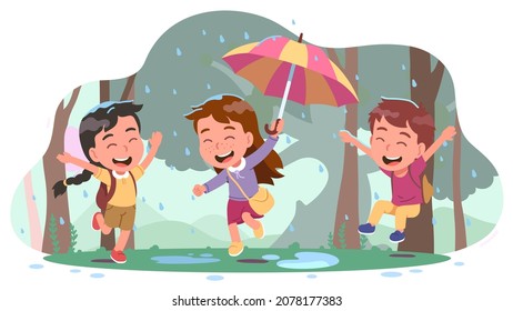 Happy school students girls, boy kids playing together jumping in rain. Smiling friends children with umbrella laughing in park forest nature. Childhood fun, people leisure flat vector illustration