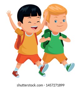 Happy school students kids smiling and running with backpack ,vector illustration .graphic design.