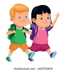 Happy school students kids smiling and running with backpack ,vector illustration .graphic design.