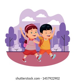 Happy school students kids smiling and running with backpack in city park urban scenery background ,vector illustration graphic design.