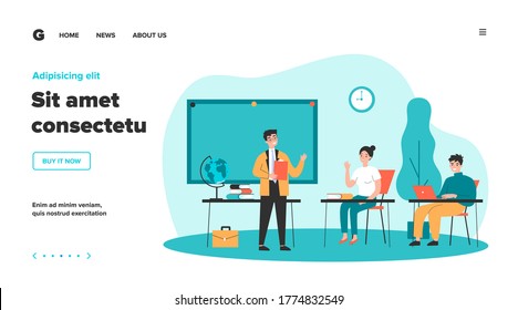 Happy school students sitting at desk in classroom. Girls and guys listening to lecture at college class. Vector illustration for audience, lesson, education, teacher job concept