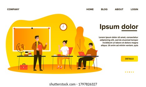 Happy school students sitting at desk in classroom. Girls and guys listening to lecture at college class. Vector illustration for audience, lesson, education, teacher job concept